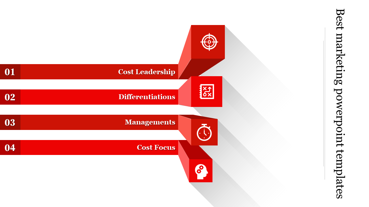 Best marketing PowerPoint slide with four numbered red blocks, each representing a strategy and accompanied by icons.