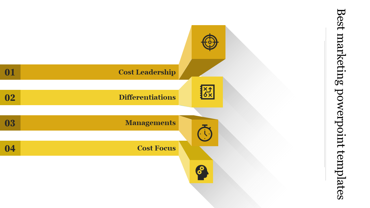 Layered 3D infographic with four yellow bars, each extending to a cube with an icon, showing a marketing strategy.