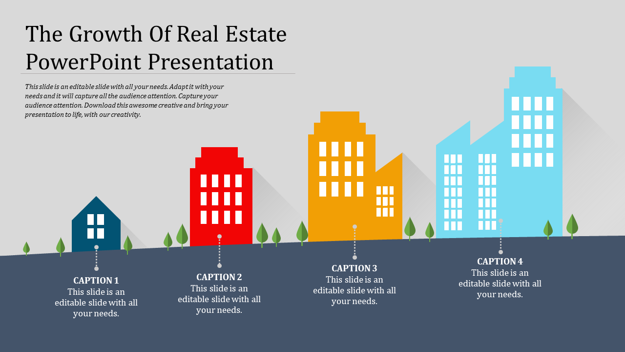 Real estate slide with four colorful buildings in gray, red, yellow, and blue, on a light background.