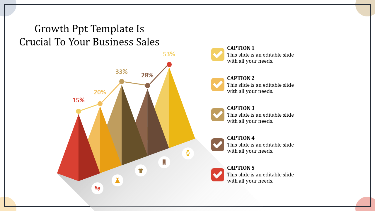 Growth PowerPoint template showcasing triangular peaks labeled with percentages and captions for business data visualization.