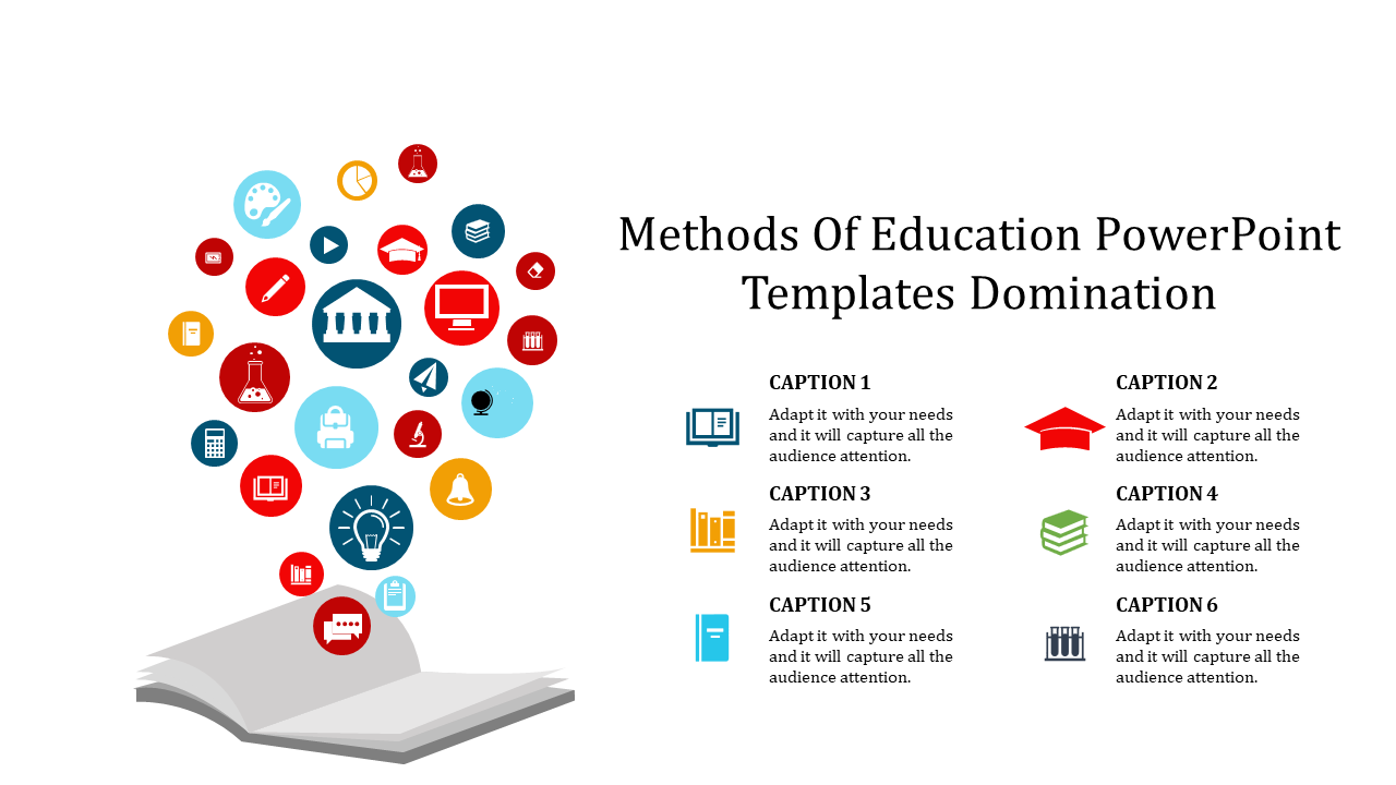 Open book with colorful educational icons rising from it, alongside six captions on a white background.