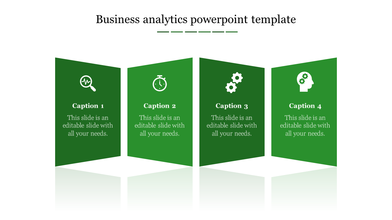 Analytics-themed green panels with caption areas, icons of magnifying glass, clock, gears, and head outline.