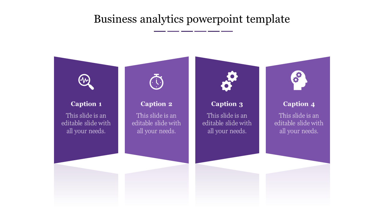 A business analytics PowerPoint slide featuring four sections, each with icons and placeholder text.