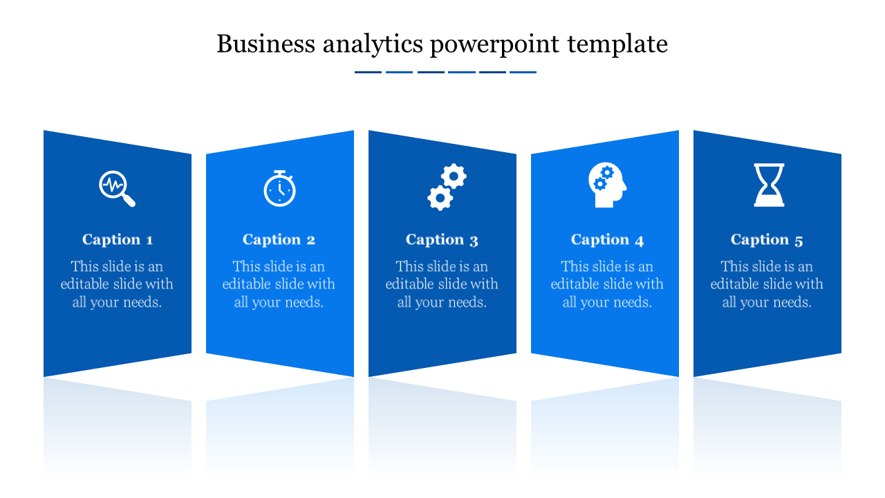 Blue themed business infographic with five angled sections, icons, and text placeholders for analytics insights.