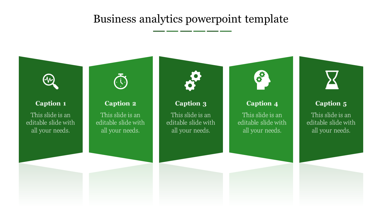 Business analytics template with five green panels, each showing icons for different analytics concepts.