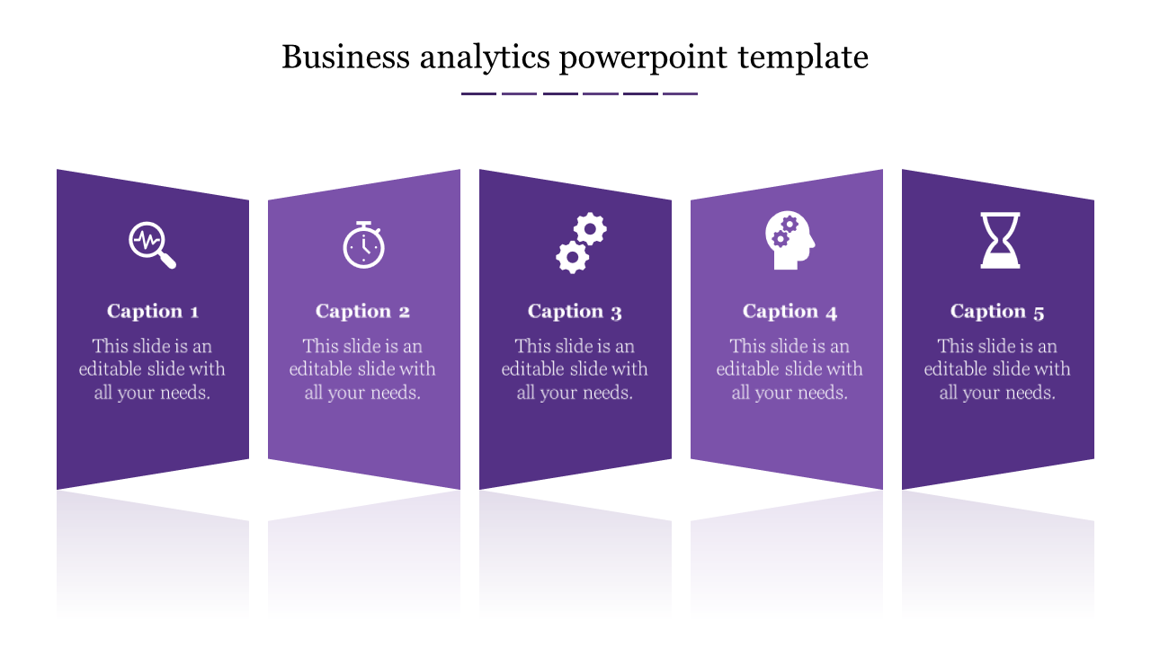 Business analytics PowerPoint template with five purple segments, each highlighting key icons with captions.