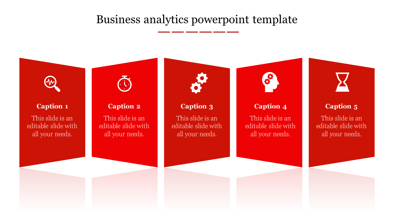 Business analytics template with five red tilted rectangles, each containing an icon and text placeholder.