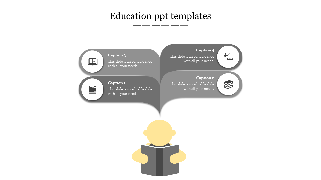 Education PPT slide with four grey sections connected to a central figure holding a book, each labeled with different tasks.