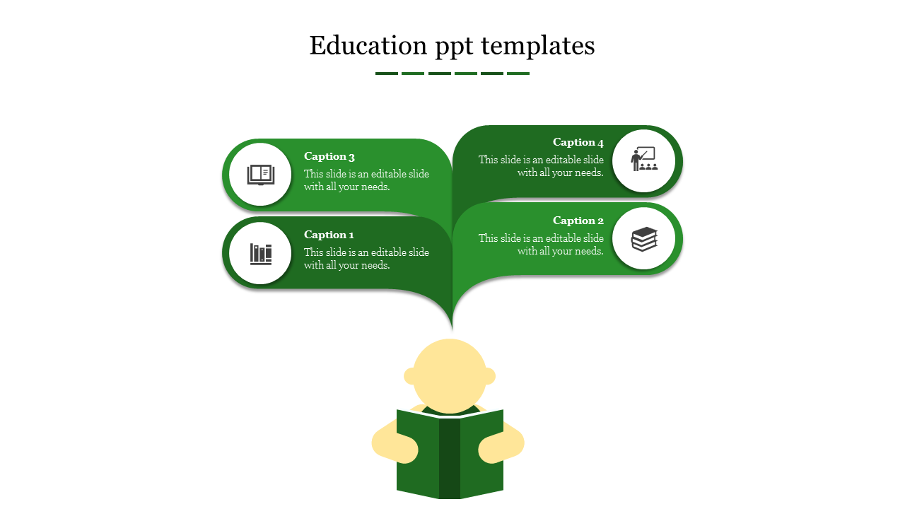 Education infographic with a student reading a book, leading to four green text bubbles representing knowledge concepts.