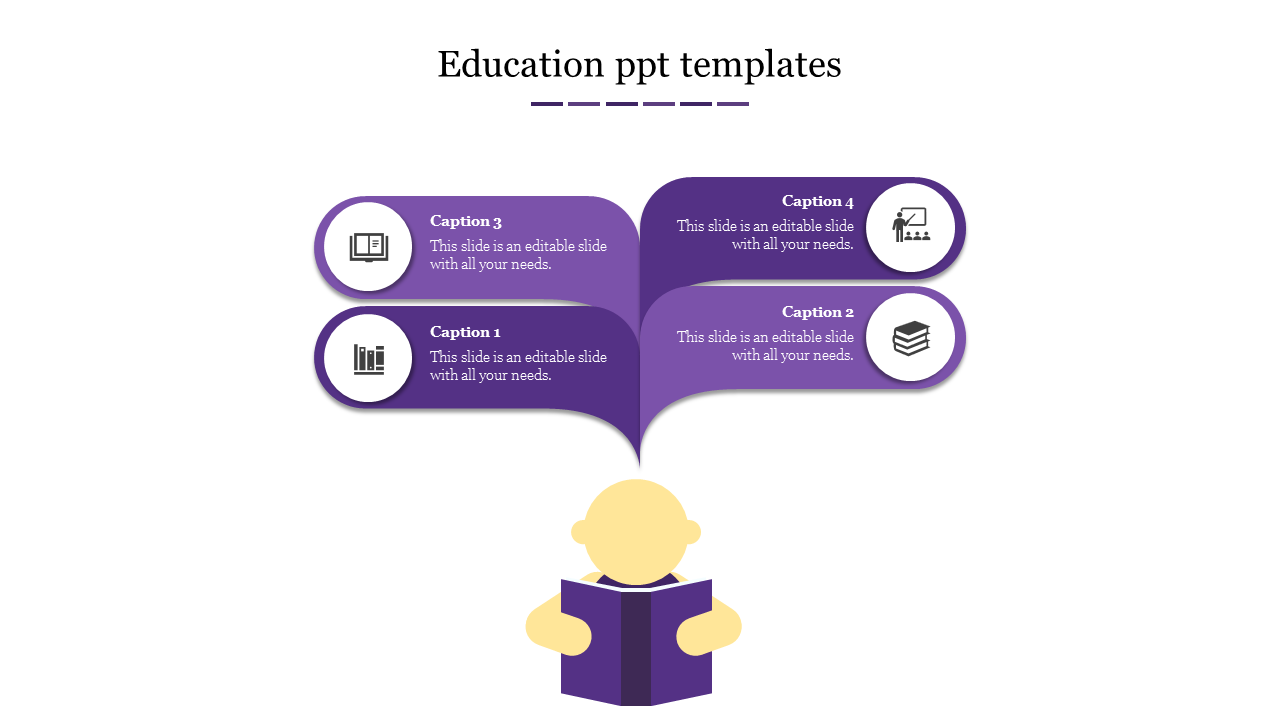 Education themed PowerPoint slide with four icons representing books, a graph, a teacher, and a student on a purple theme.