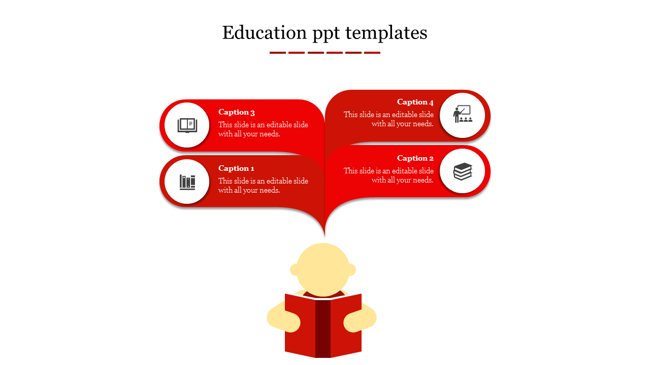 Red themed education template showing a child reading with four floating captions shaped like speech bubbles.