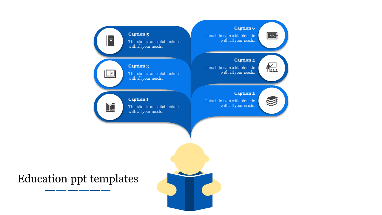 Education PowerPoint template with six connected blue sections labeled with different educational icons and captions.