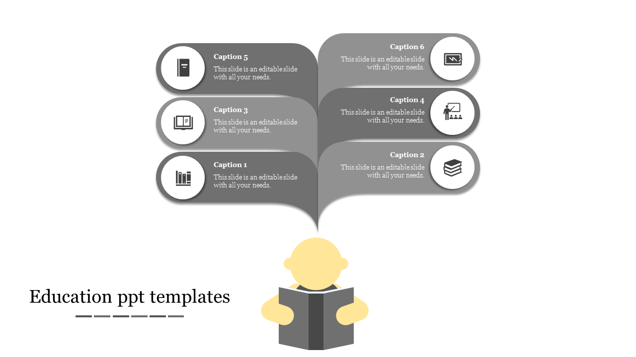 Gray themed slide showing six captions with icons linked to a figure reading a book at the bottom.