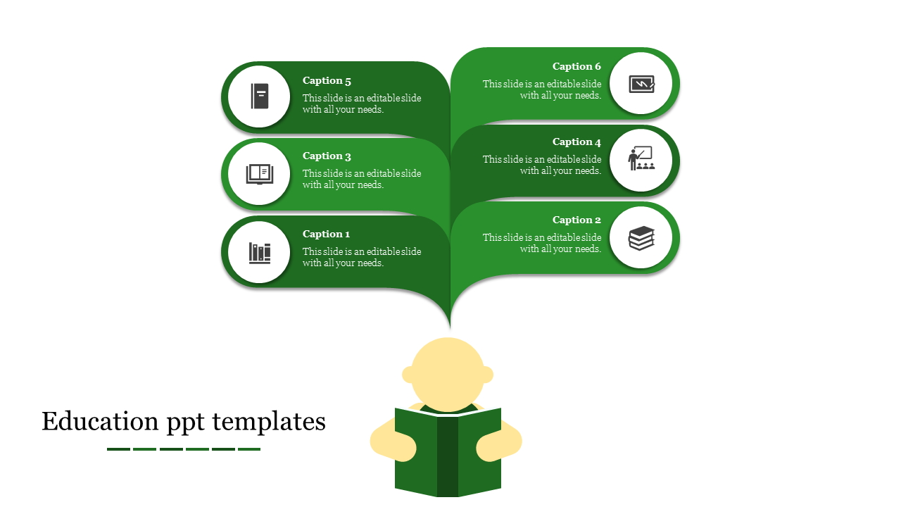 Education themed infographic with a student reading a book, paired with six green speech bubbles, and icons.