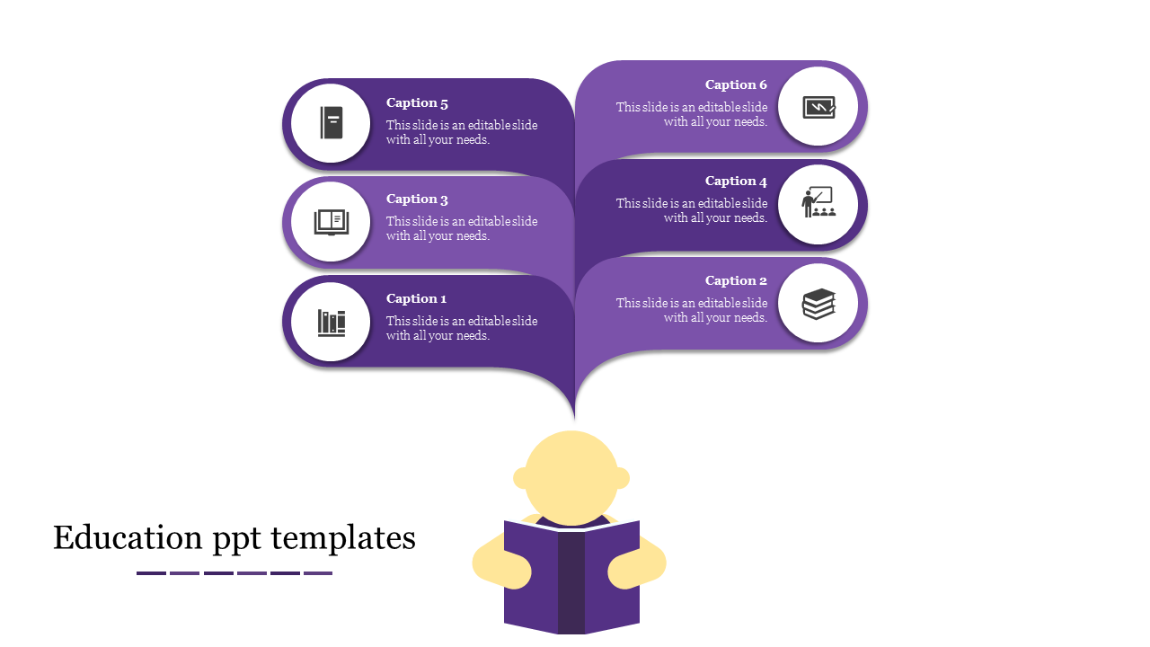 Education PowerPoint template with six connected sections labeled with different icons and purple captions.