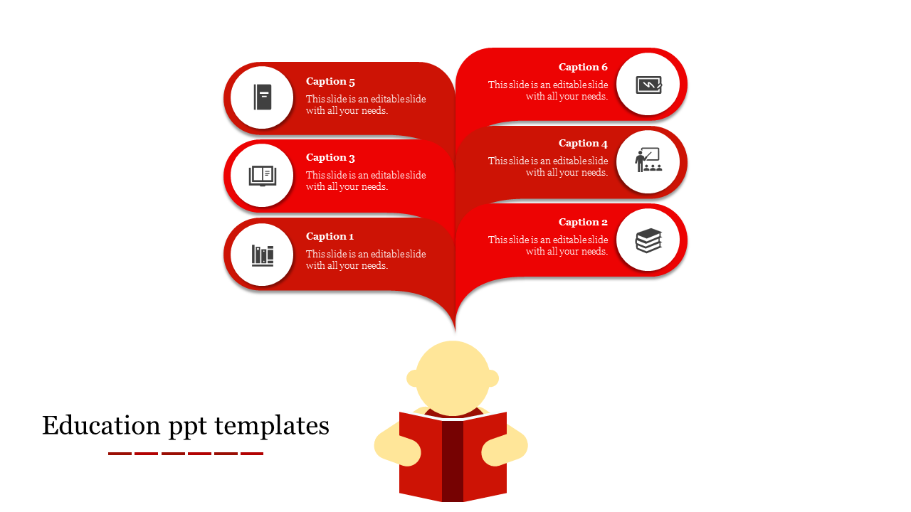 Slide design featuring six captions in red speech bubbles emerging from a reading figure with icons.