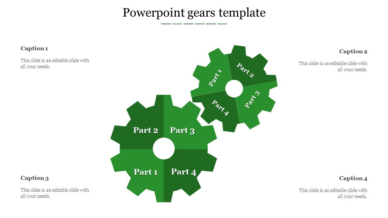 Gears PPT template with two large green gears, each divided into four parts with captions.