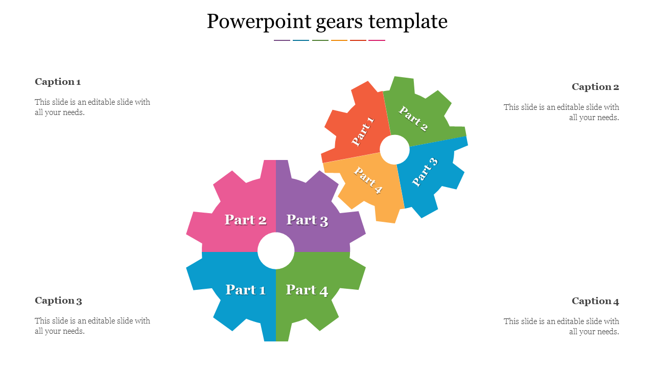 Colorful gear infographic template showcasing four interconnected parts labeled Part 1 to 4, surrounded by captions.