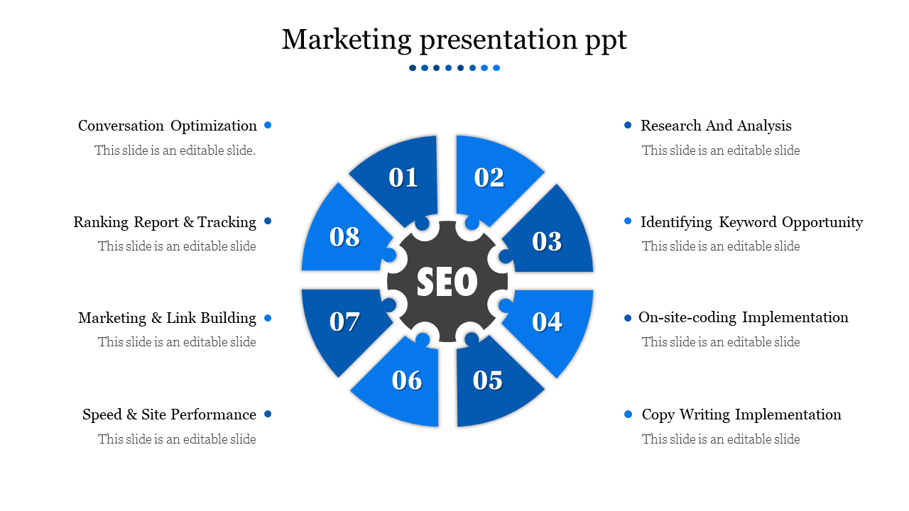 SEO marketing strategy PowerPoint template with eight blue steps arranged around an SEO gear icon.