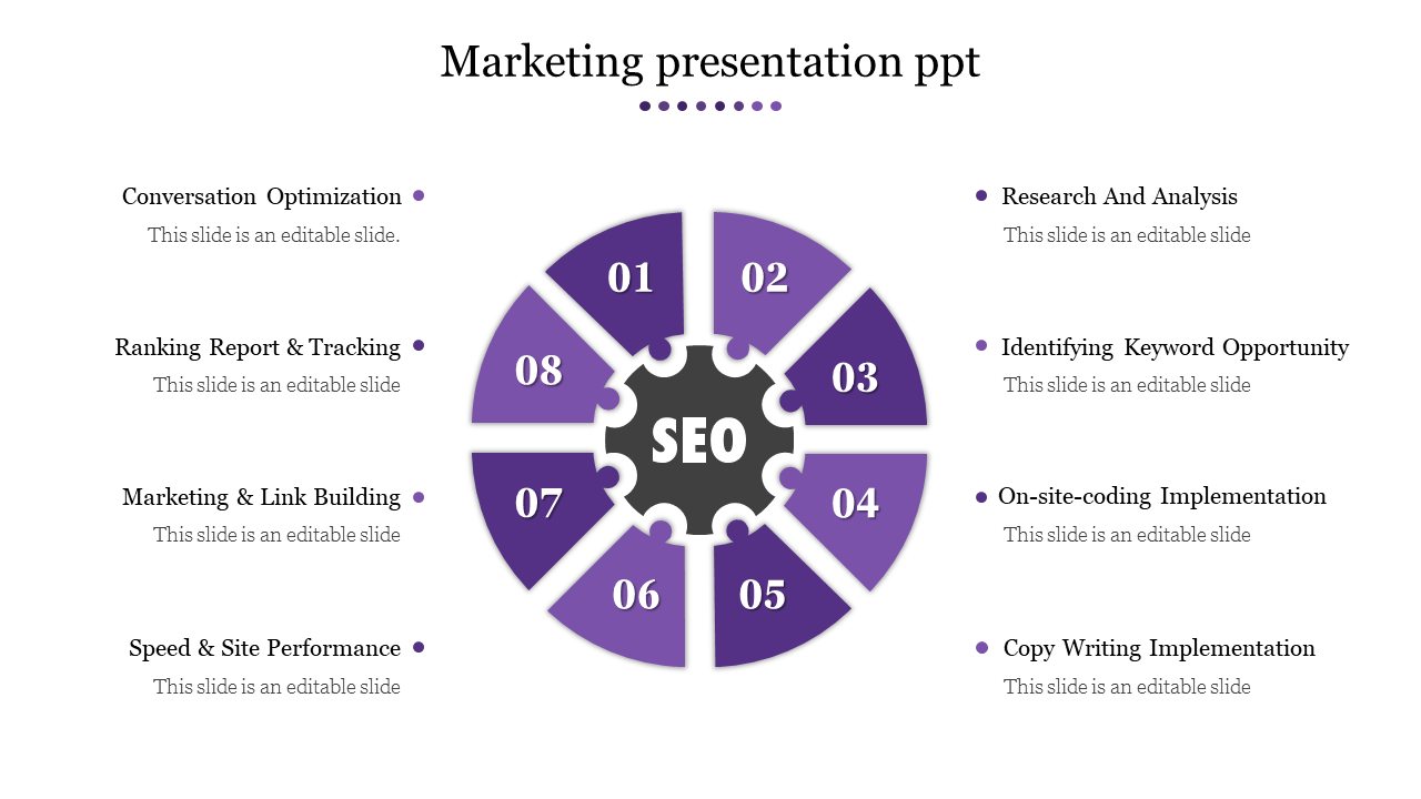 SEO themed marketing infographic with a purple central hub and eight labeled sections representing optimization steps.