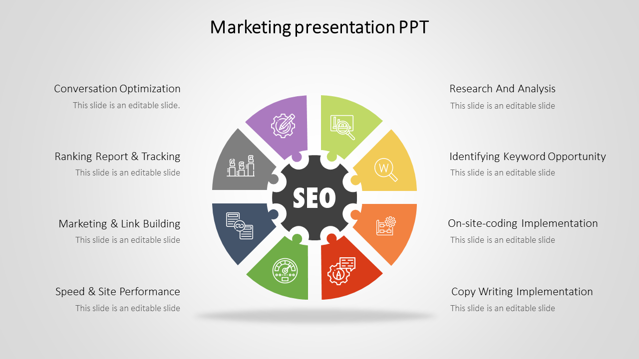 Marketing slide showcasing an SEO wheel with eight segments highlighting key tasks with colorful icons and text captions.