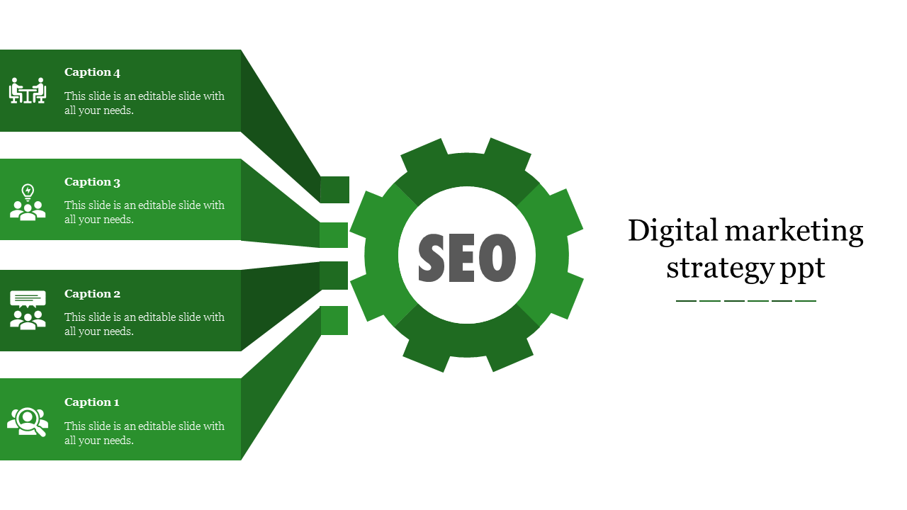 Digital marketing template highlighting SEO, with four green blocks, each containing an icon and placeholder text areas.