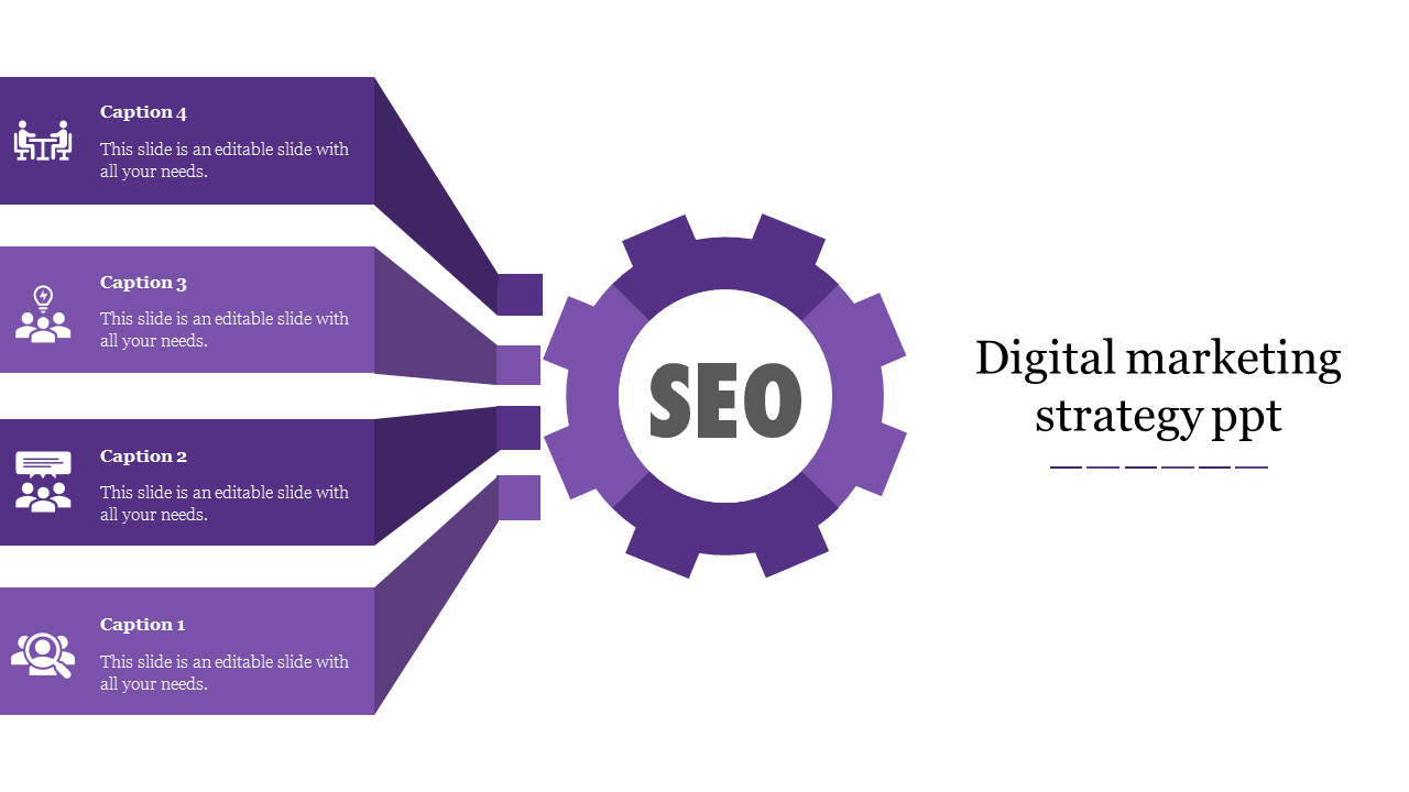 Digital marketing slide with a purple gear labeled SEO and four horizontal banners listing key components.