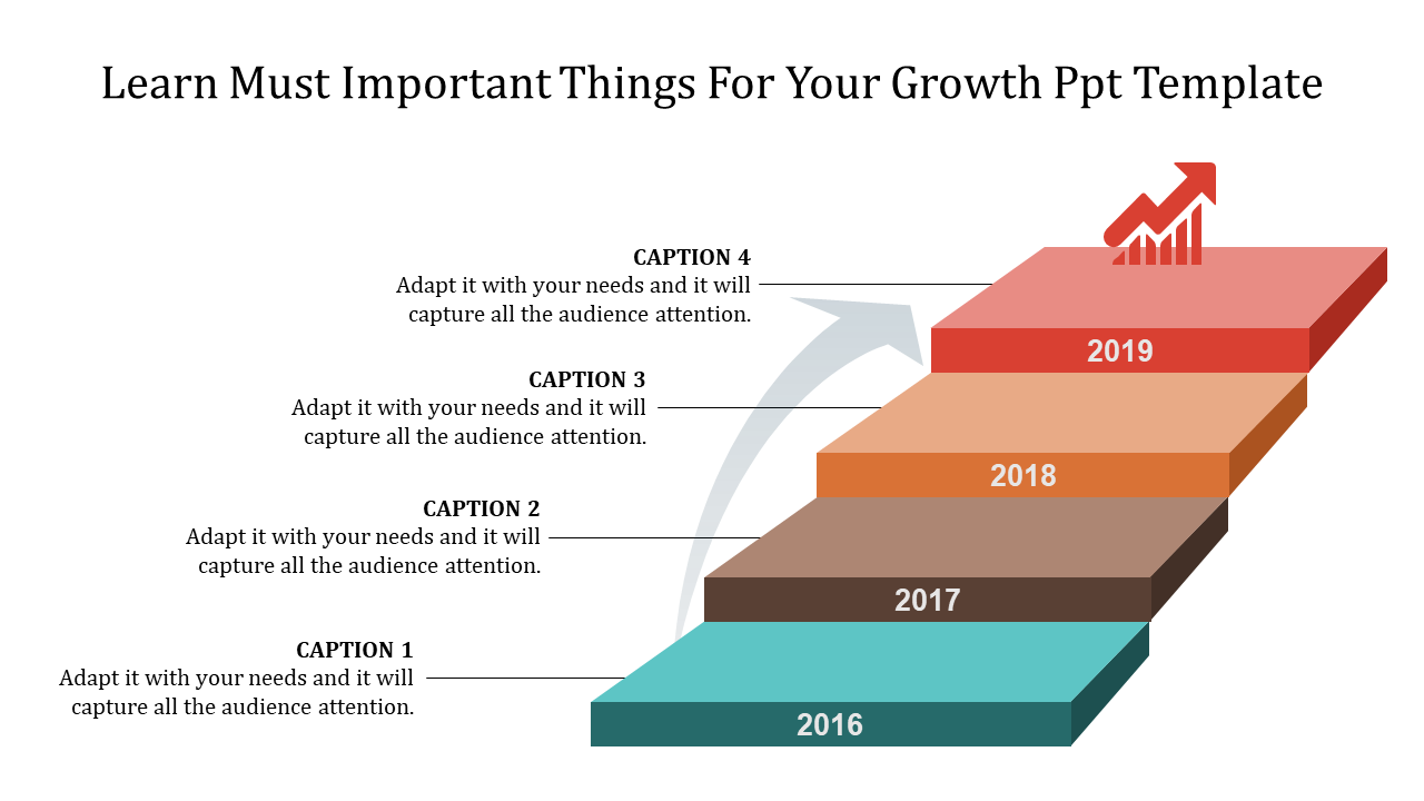 Growth themed PPT slide featuring a four step layered staircase labeled with years 2016 to 2019 and captions for each level.