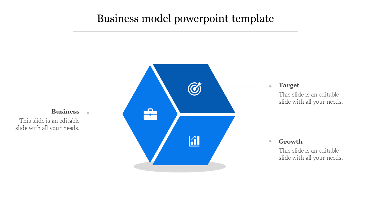 Blue business model PowerPoint template with hexagonal sections for Business, Target, and Growth.