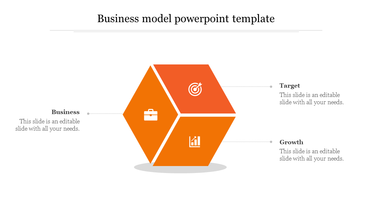 Business model PowerPoint template with three hexagonal orange sections labeled Business, Target, and Growth.