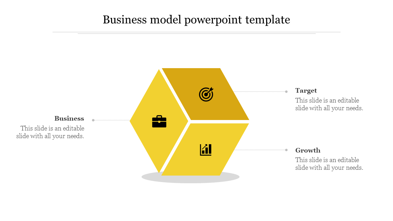 Business model PowerPoint template with three hexagonal yellow sections labeled Business, Target, and Growth.