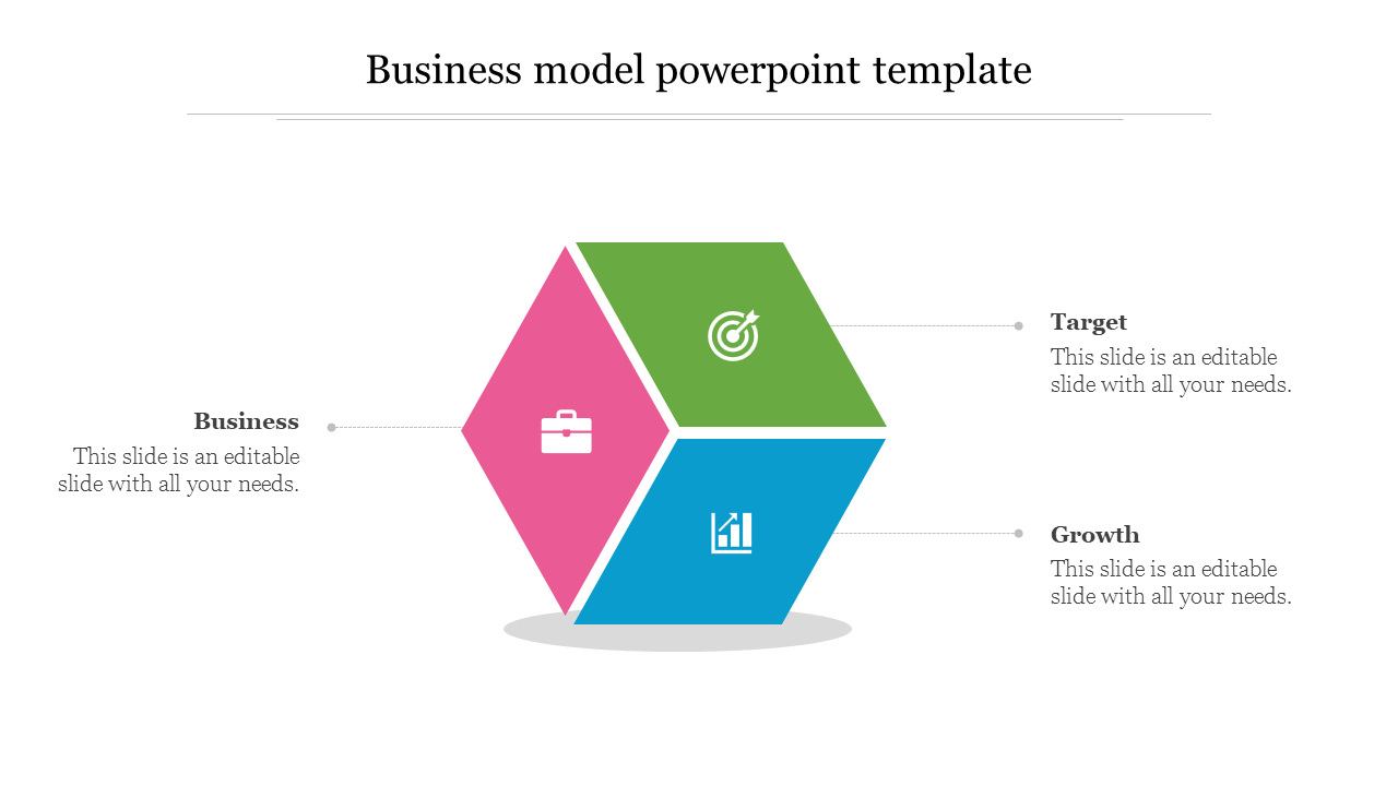 Business model template with a 3D hexagon divided into three colored sections: business, target, and growth.