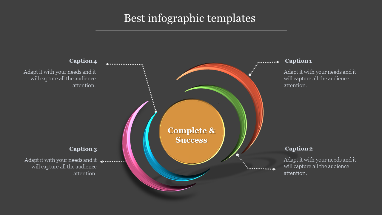 Infographic template featuring curved elements in pink, blue, green, and orange, surrounding a central goal.