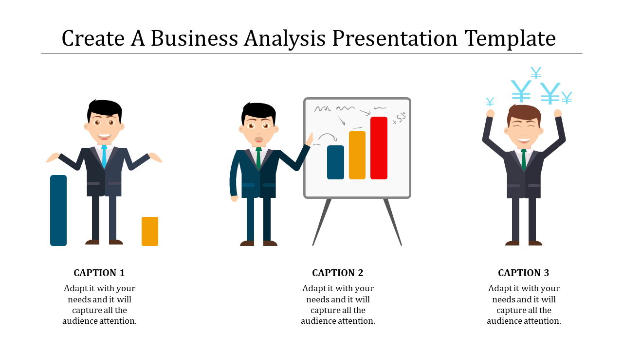 Business analysis slide with cartoon characters and bar charts, highlighting growth, analysis, and successful outcome stages.