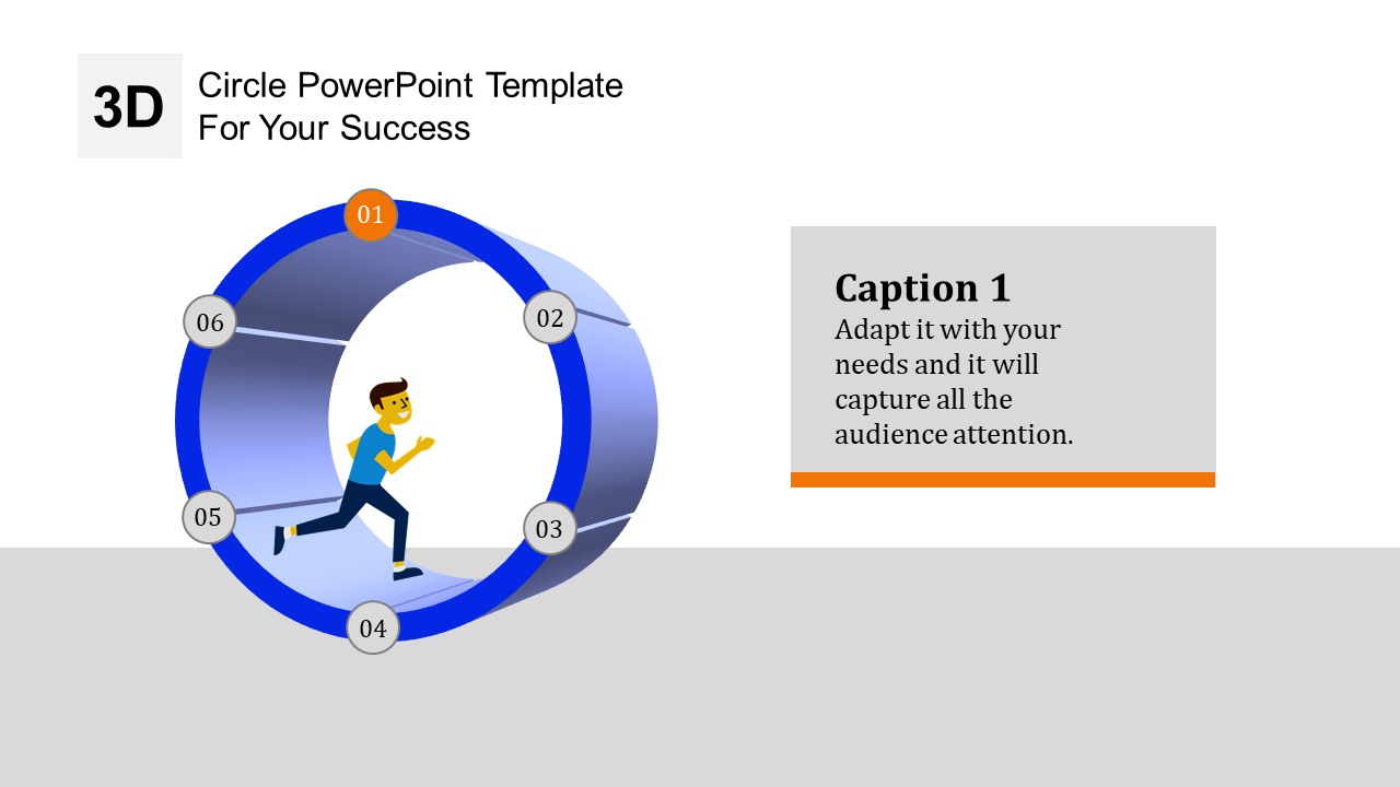 3D circular PPT template featuring a running figure inside a numbered six step process diagram with a caption box.