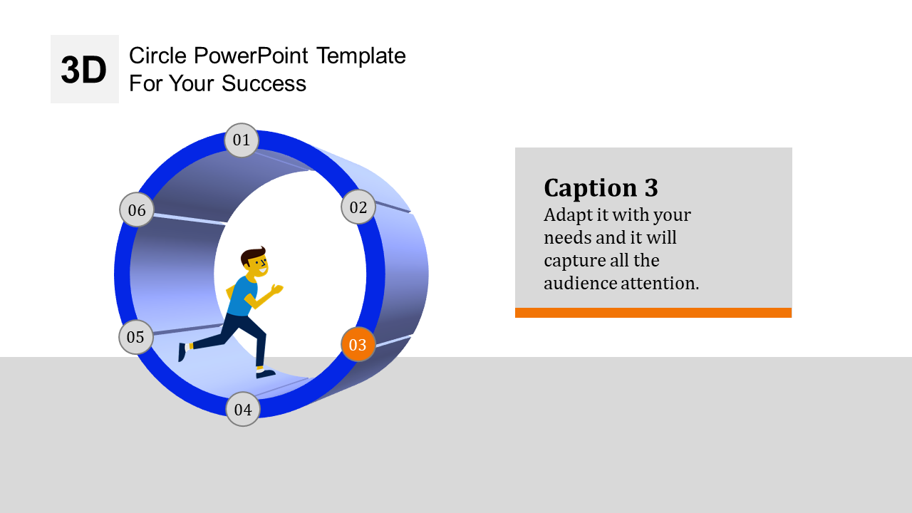 3D circular PPT template with a running figure inside a six step loop, emphasizing step 3 in orange and a caption box.