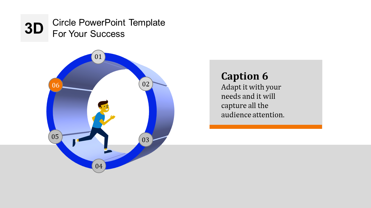 3D circular PowerPoint template showing six steps, highlighting step 6 in orange, with a running figure inside the circle.