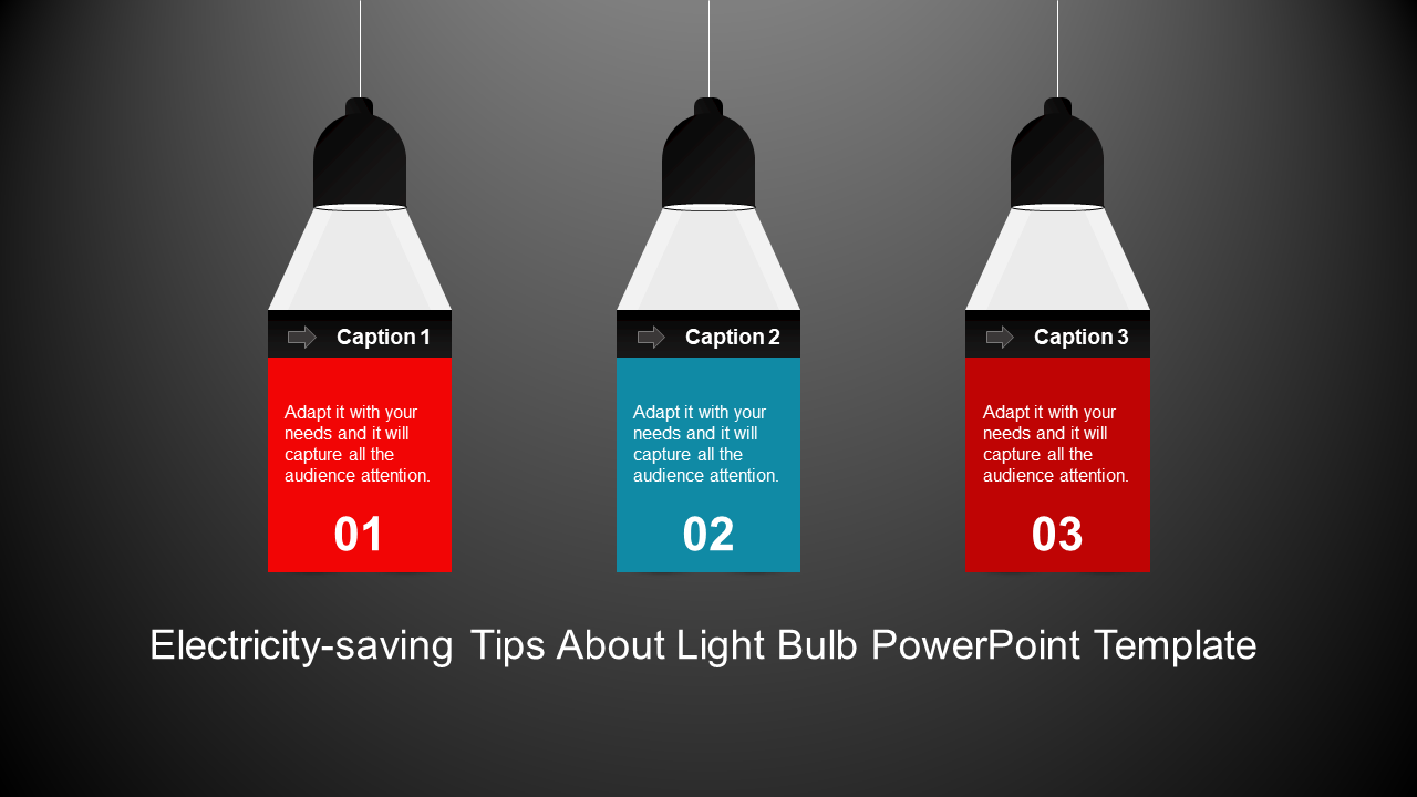 Three hanging light bulb graphics with captions and numbered sections in red and blue, on a dark gradient background.