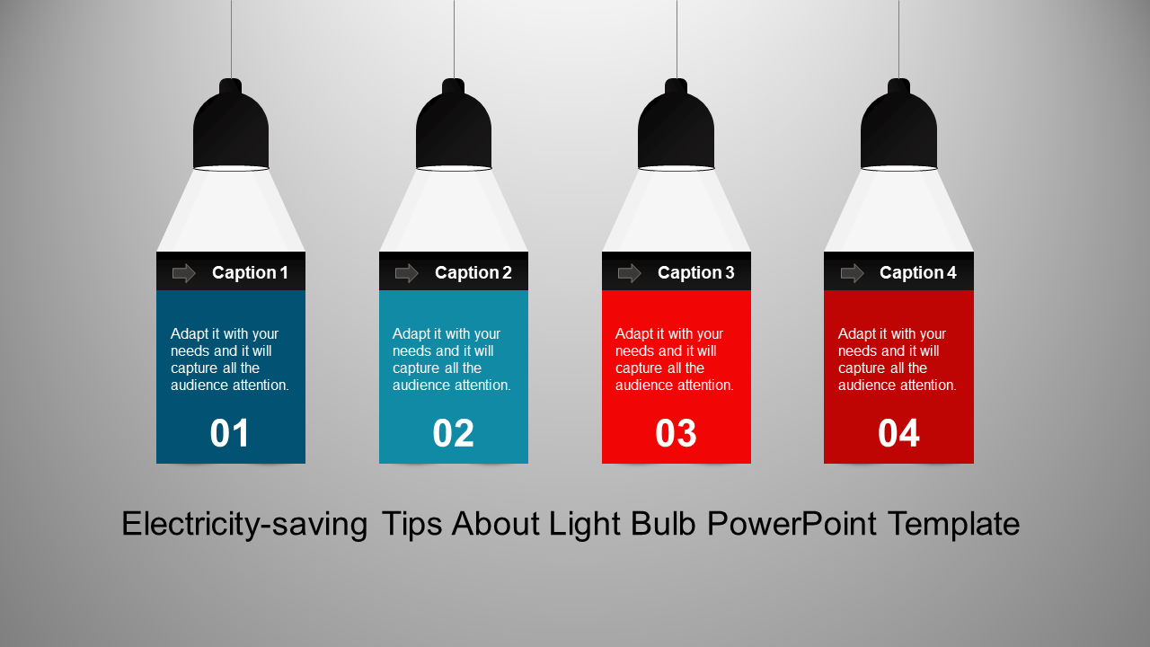 PowerPoint template featuring four hanging light bulb graphics, each labeled with captions and numbered steps 01 to 04.