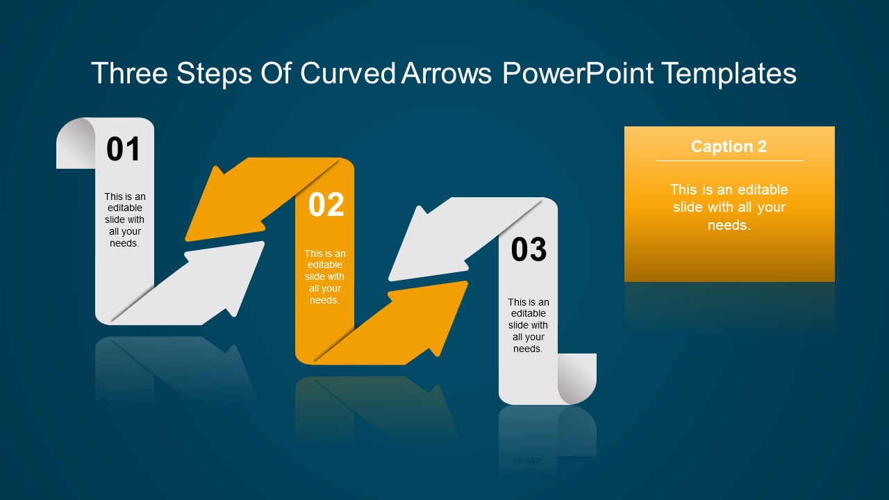 Three step curved arrow PowerPoint template with numbered segments labeled 01 to 03, each with text space.