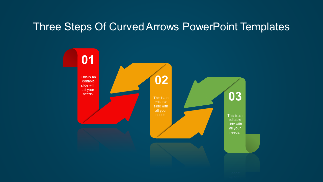 PowerPoint template showcasing three curved arrows in red, yellow, and green for sequential step presentations.