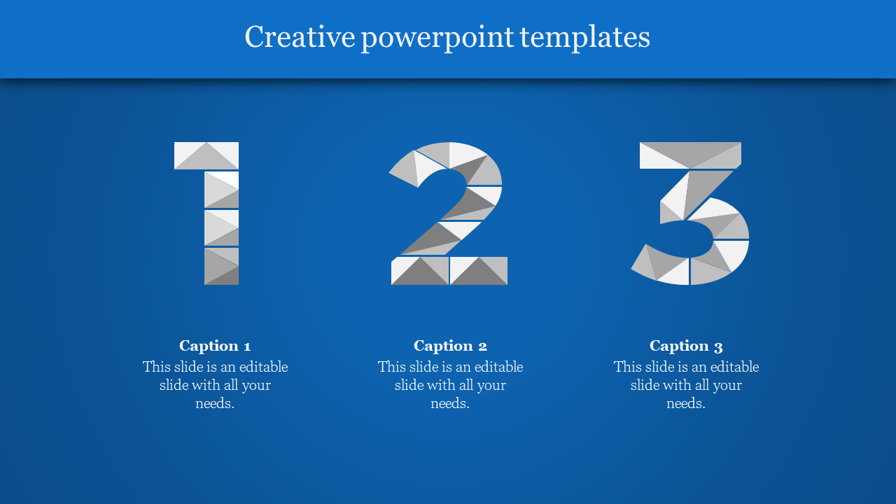 Blue background with numbers 1, 2, and 3 created from silver triangular patterns, each with captions below.