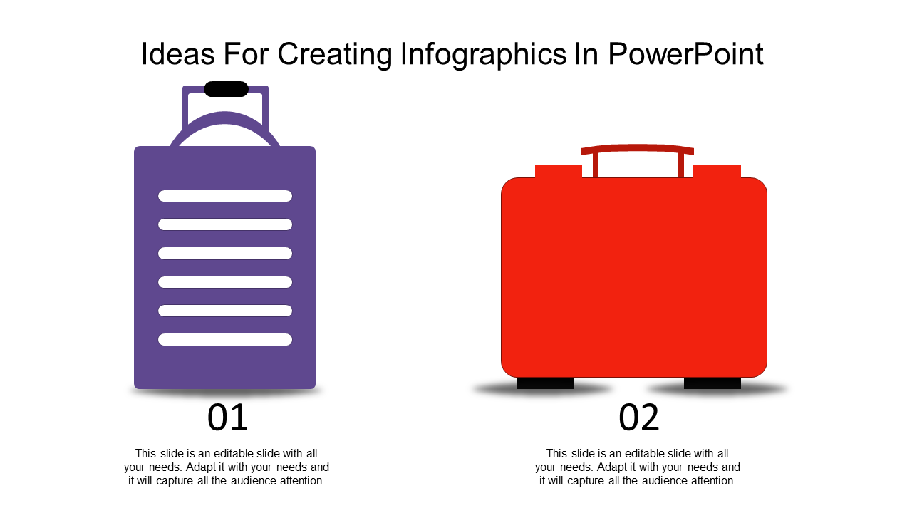 Infographic template showing a purple suitcase and a red briefcase with captions for creative PowerPoint slide.