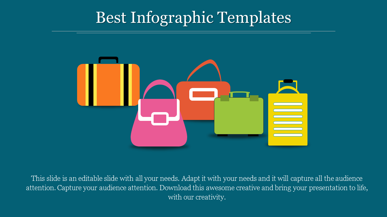 Infographic illustration of colorful luggage and bags on a teal background with placeholder text area.