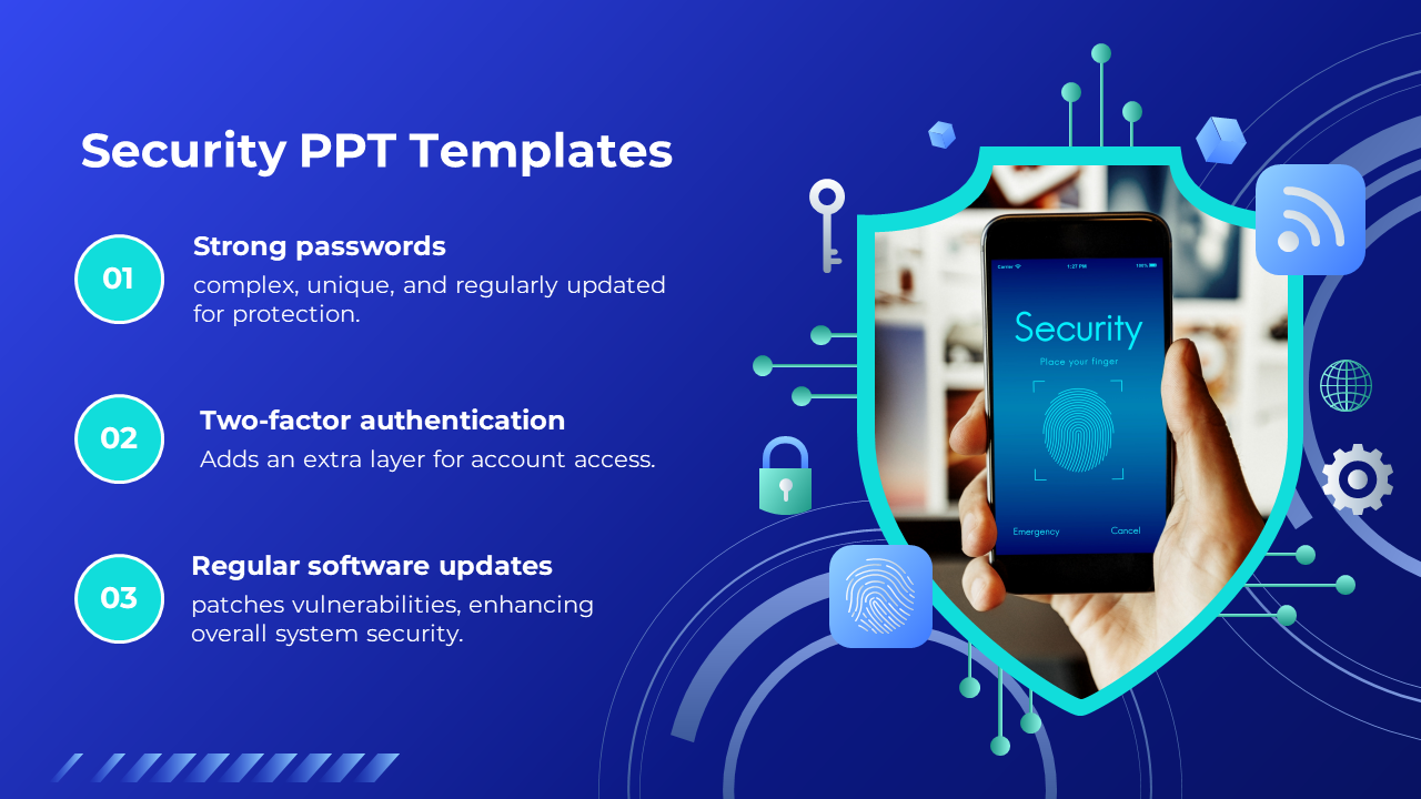 Illustrative security PPT slide with key points on digital protection and an image of a mobile fingerprint scanner.