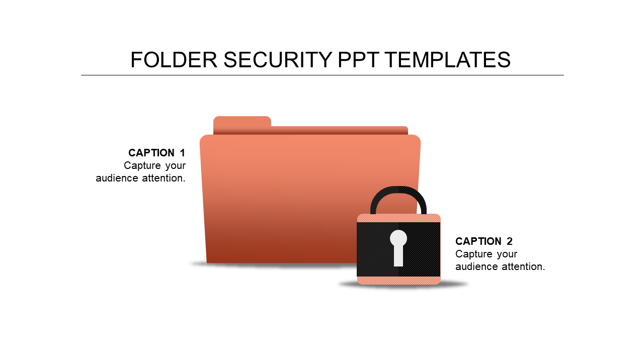 Folder security PowerPoint template featuring an orange folder and a lock icon for data protection themes.