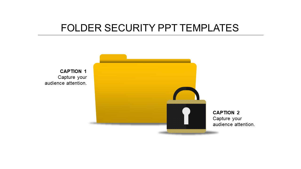 Folder security PowerPoint template with a yellow folder and a padlock icon, emphasizing secure document management.