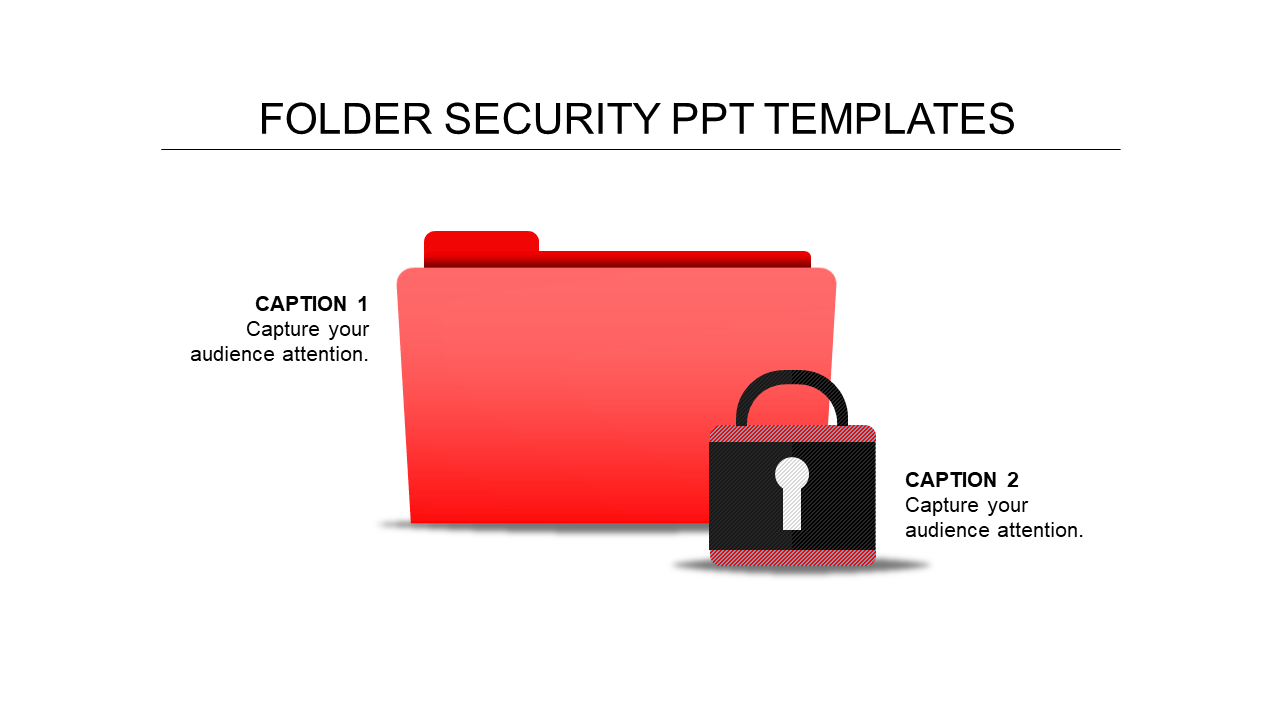 Red folder and black padlock graphic centered between two captions on a minimalist white slide.