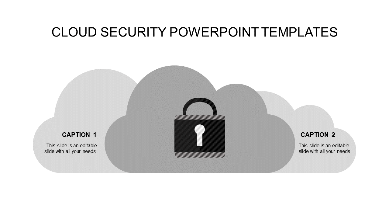 Gray cloud shapes with a central lock icon, symbolizing cloud security, data protection with two caption areas.