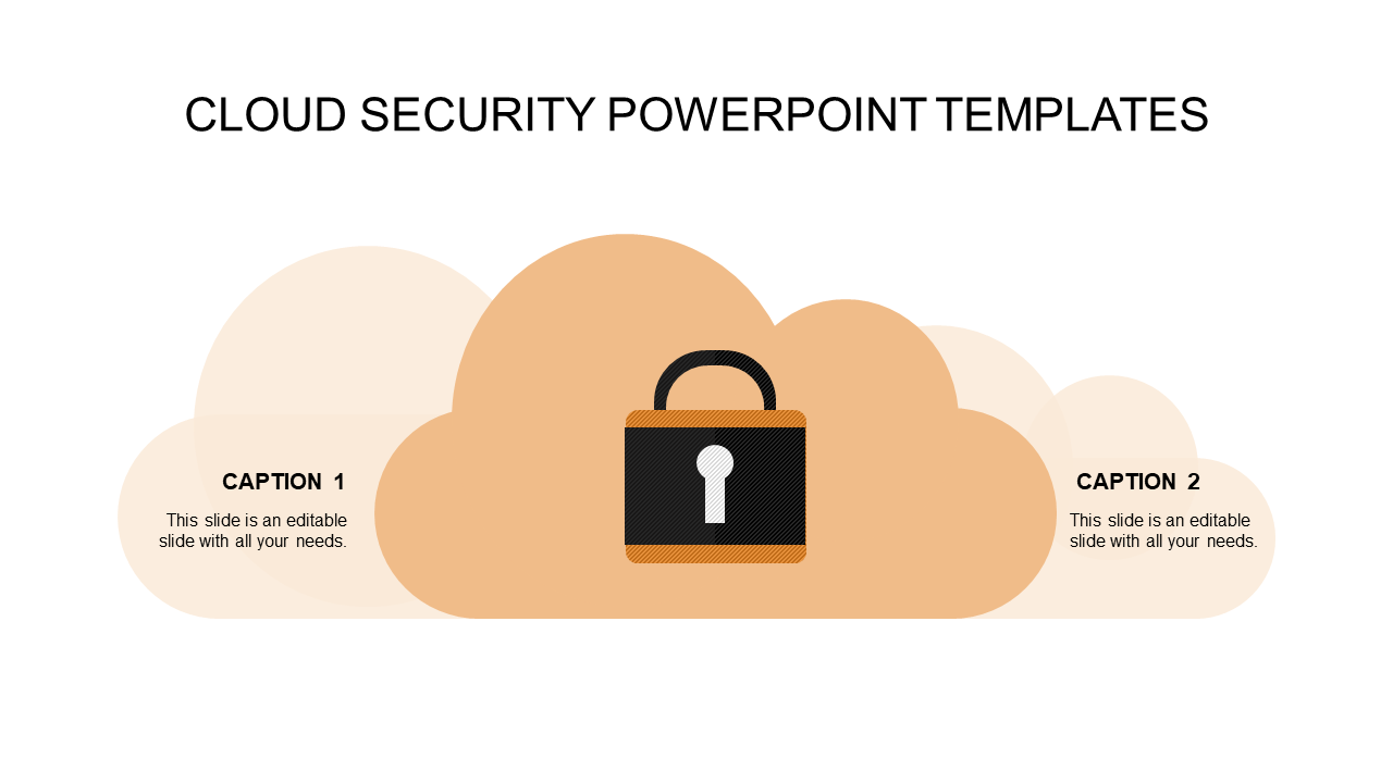 Cloud security slide featuring overlapping cloud icons and a central padlock symbol with two caption areas.